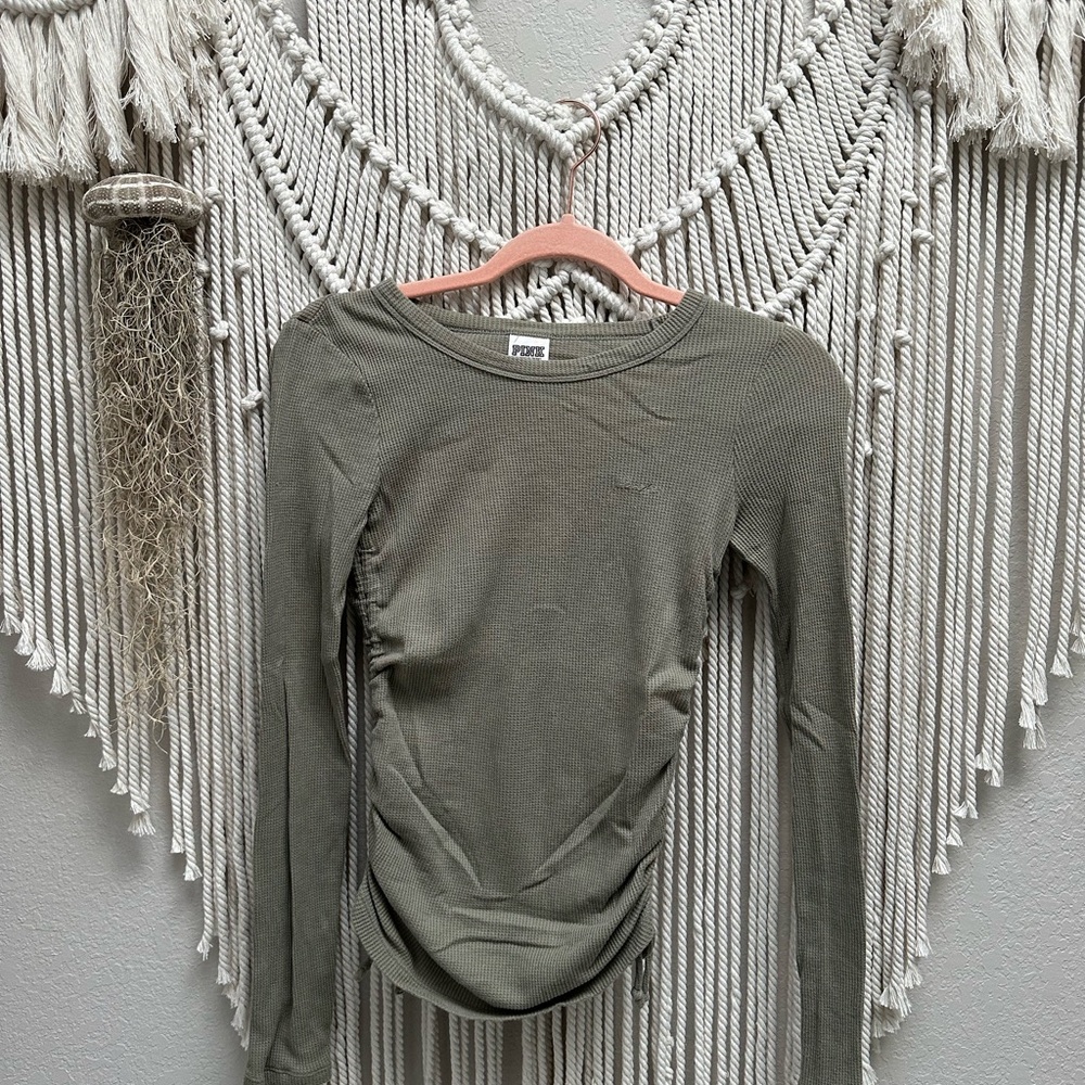 PINK Victoria's Secret Olive Green Ribbed Long-Sleeve Top